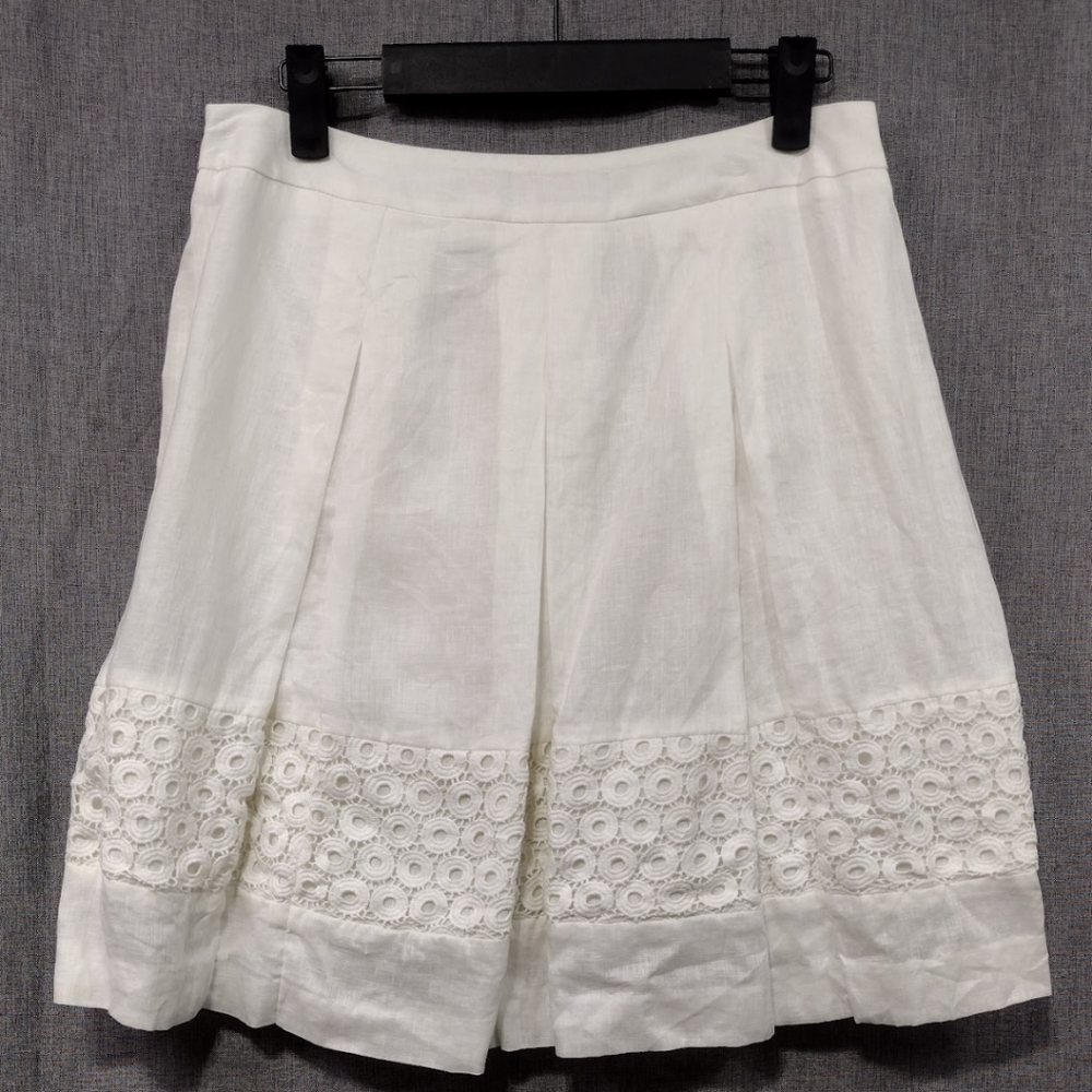 Loft 100% Linen Lace Pleated Skirt Women's 2 White Preppy Academia Retro Casual